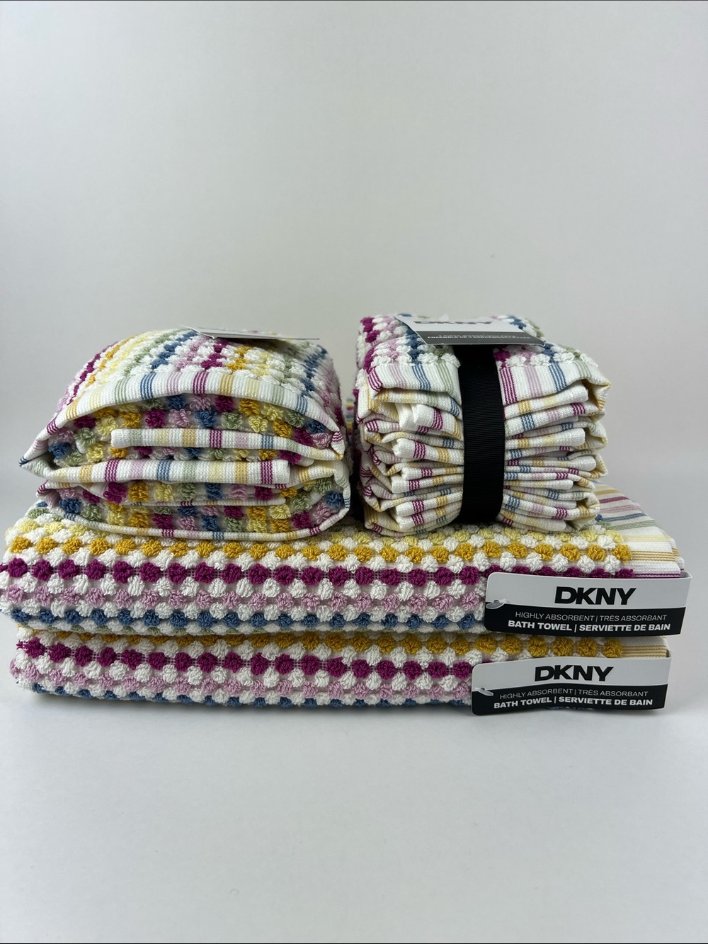 DKNY Bath Towel Set Multicolor Striped & Dot Bath Hand Wash Soft Cotton 8 Pc NEW